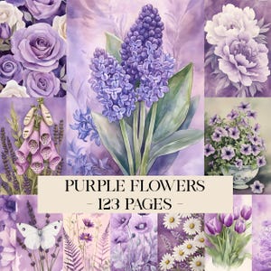 Könnte beinhalten: Eine Collage von Aquarell-Blumenillustrationen in Lilatönen, darunter Rosen, Hyazinthen und Tulpen. Der Text "PURPLE FLOWERS - 123 PAGES -" wird in der Mitte angezeigt. Das Gesamtthema ist botanische Kunst.