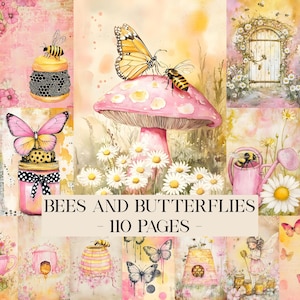 Op de afbeelding: Een collage van aquarel illustraties met bijen, vlinders en bloemmotieven. De tekst "BEES AND BUTTERFLIES - 110 PAGES -" wordt weergegeven. De afbeeldingen bevatten een roze paddenstoel, madeliefjes en potten.