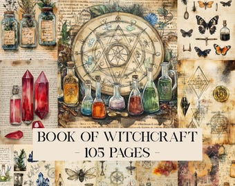 Book Of Witchcraft Junk Journal Pages, Digital Scrapbook Papers, Mystic Witch Printable, Gothic Collage Sheet, Creepy Vintage Wicca Ephemera