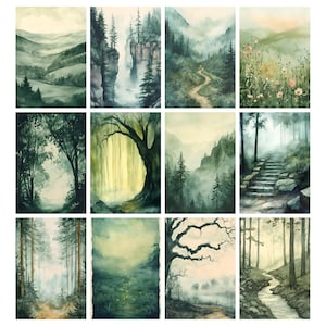 May include: A collection of twelve watercolor paintings depicting serene forest and mountain landscapes. The artwork features misty scenes with trees, winding paths, and soft color palettes of greens, blues, and yellows. The paintings evoke a sense of tranquility and natural beauty.