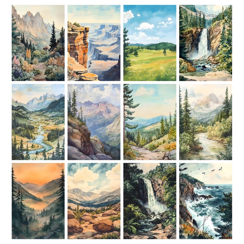 K&ouml;nnte beinhalten: Eine Sammlung von zw&ouml;lf Aquarell-Landschaftsbildern. Jedes Gem&auml;lde zeigt eine andere Naturszene, darunter Berge, Wasserf&auml;lle, Canyons und W&auml;lder. Die Gem&auml;lde weisen eine Vielzahl von Farben auf, darunter Gr&uuml;n-, Blau- und Braunt&ouml;ne, und sind von einem wei&szlig;en Rand umgeben.