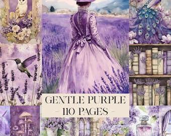 Gentle Purple  Printable Pages, Lavender Journal, Junk Journal Kit, Scrapbook Printable, Printable Paper, Digital Collage, Ephemera Download