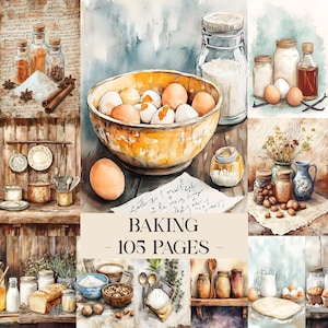 Può includere: Illustrazione ad acquerello di ingredienti e strumenti per la cottura al forno. Una ciotola di uova, barattoli di farina, vaniglia e spezie sono disposti con un cucchiaio di legno e una pagnotta di pane. Il testo "BAKING - 105 PAGES" è visualizzato.