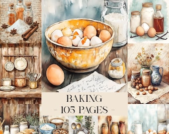 May include: Watercolor illustration of baking ingredients and tools. A bowl of eggs, jars of flour, vanilla, and spices are arranged with a wooden spoon and a loaf of bread. The text "BAKING - 105 PAGES" is displayed.
