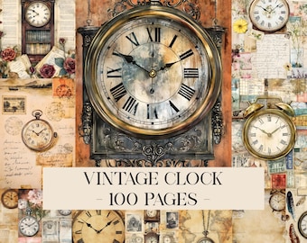 May include: A collection of vintage clock imagery featuring various timepieces, including wall clocks, pocket watches, and alarm clocks, set against backgrounds of aged paper, handwritten script, maps, and floral illustrations with the text VINTAGE CLOCK - 100 PAGES.