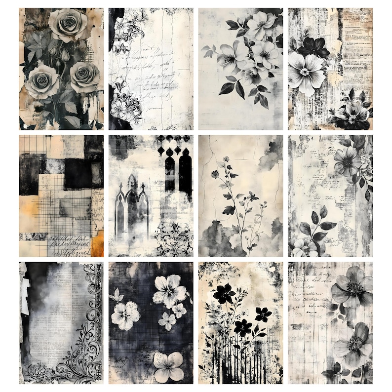 Black and White Distressed Junk Journal Pages, Vintage Grunge Printable ...