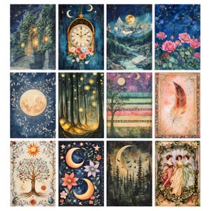 May include: A collection of twelve watercolor art prints featuring celestial and nature themes. The prints depict scenes such as a moonlit forest, a clock with floral accents, a full moon, and a mountain landscape under a full moon. Each print has a unique design.