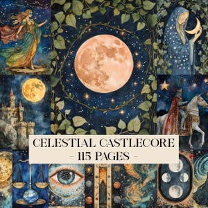 Peut inclure: Un collage d'illustrations à l'aquarelle sur le thème céleste. Les images incluent une pleine lune, des étoiles, un château, des personnages et le texte "CELESTIAL CASTLECORE - 115 PAGES". La palette de couleurs comprend des bleus, des oranges et des verts.