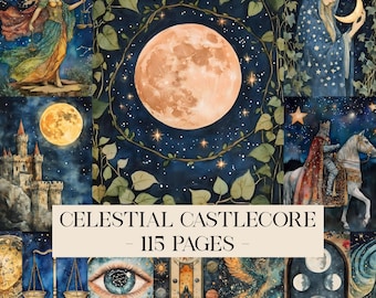 May include: A collection of watercolour illustrations with a celestial theme. The images include a full moon, stars, a castle, figures, and the text "CELESTIAL CASTLECORE - 115 PAGES". The colour palette features blues, oranges, and greens.