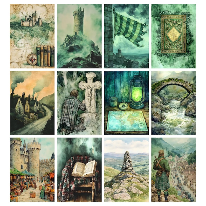 May include: A collection of twelve watercolor prints featuring landscapes and historical scenes. The images include castles, flags, books, maps, and figures in various settings. The color palette is dominated by greens, browns, and blues, creating a vintage aesthetic.