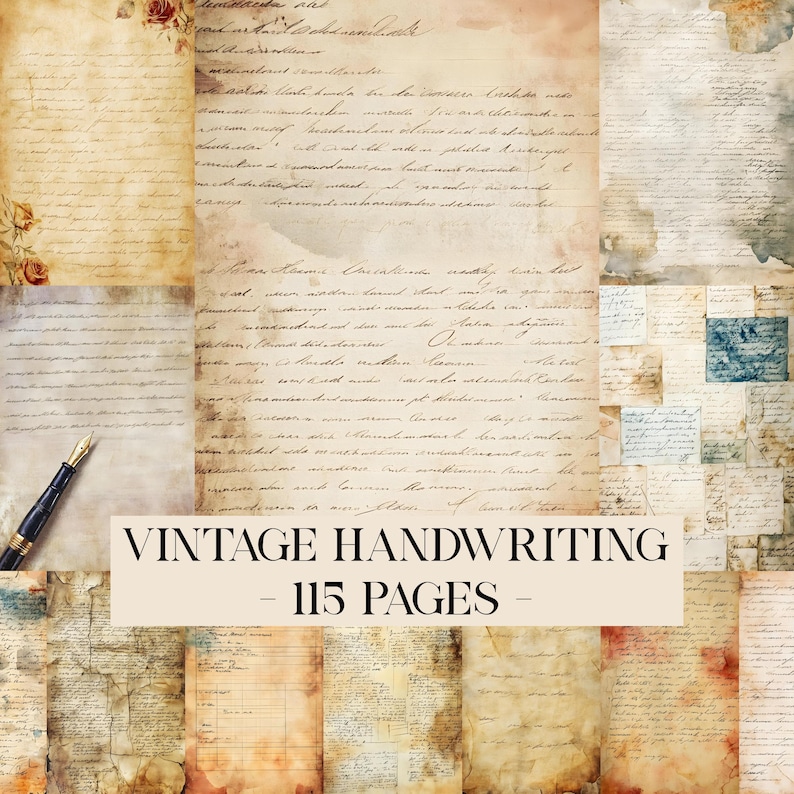 Vintage Handwriting Digital Papers, Script Handwriting Junk Journal ...