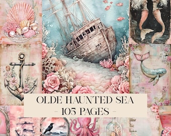 Olde Haunted Sea Pages, Meer Digital Papier, Marine Journal Seiten, Unterwasser Seite, Sealife Journal, Ocean Seiten, Nautical Journal Kit Mermaid