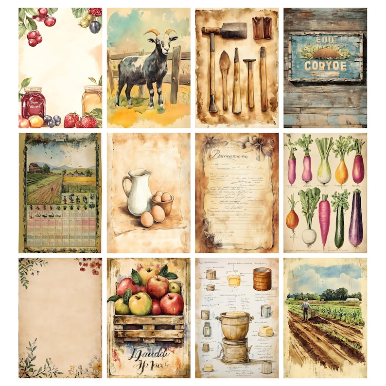 Vintage bondgårds-ephemera, digitalt collageark, utskrivbart skräpjournalkit för lantlig användning, scrapbook-papper för bondgårdsliv, utskrivbara bilder på bondgårdsdjur bild 6