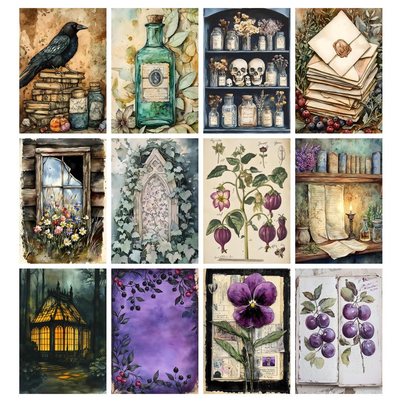 Pu&ograve; includere: Una collezione di stampe artistiche ad acquerello con illustrazioni botaniche, bottiglie da farmacista vintage, un corvo sui libri e una serra. Le stampe hanno un'estetica vintage, gotica e stravagante, con una tavolozza di colori tenui.