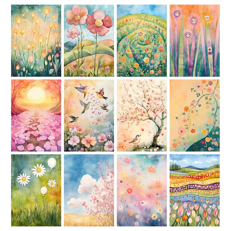 May include: A collection of twelve watercolor art prints featuring floral and landscape scenes. The prints showcase a variety of flowers, trees, and landscapes in vibrant colors, including pink, yellow, and blue. Each print has a unique design, with some featuring birds and butterflies.