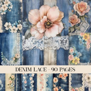 Denim Lace Junk Journal Pages, Fabric Papers, Lace Papers, Printable Lace, Vintage Textures, Digital Scrapbooking Kit, Shabby Chic Ephemera