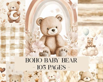 Boho Baby Bear Digital Paper Pack, Neutral Scrapbook Papers, Beige Pattern, Newborn Background, Nursery Background, Nursery Pattern