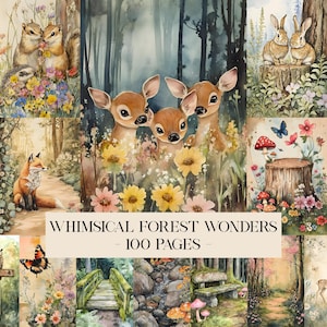 Pu&ograve; includere: Illustrazioni ad acquerello di animali e scene della foresta. L'immagine presenta cervi, conigli, scoiattoli e una volpe, circondati da fiori, funghi e farfalle. Il testo recita "Whimsical Forest Wonders - 100 Pages."