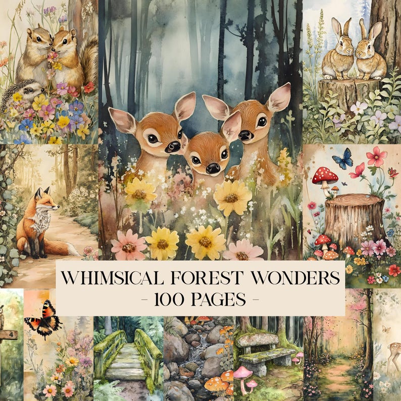 Pu&ograve; includere: Illustrazioni ad acquerello di animali e scene della foresta. L'immagine presenta cervi, conigli, scoiattoli e una volpe, circondati da fiori, funghi e farfalle. Il testo recita "Whimsical Forest Wonders - 100 Pages."