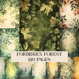 May include: A selection of watercolour forest-themed digital papers. The image shows various forest scenes with green, brown, and yellow foliage. Text on the image reads "Forbidden Forest - 120 Pages".