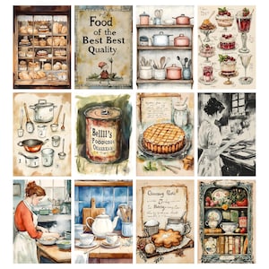 Pode incluir: Uma cole&ccedil;&atilde;o de ilustra&ccedil;&otilde;es em aquarela retratando cenas de cozinha vintage. As imagens incluem produtos de panifica&ccedil;&atilde;o, utens&iacute;lios de cozinha, uma despensa e uma lata de "Bellll's Роооспо ОЕASSISAM" com o texto "Food of the Best Best Quality".