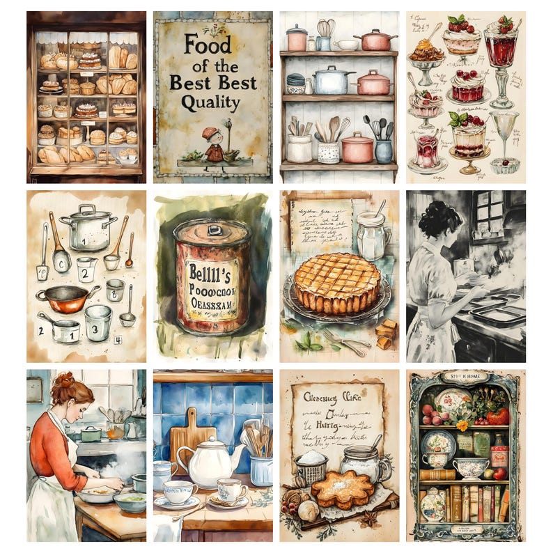 Pode incluir: Uma cole&ccedil;&atilde;o de ilustra&ccedil;&otilde;es em aquarela retratando cenas de cozinha vintage. As imagens incluem produtos de panifica&ccedil;&atilde;o, utens&iacute;lios de cozinha, uma despensa e uma lata de "Bellll's Роооспо ОЕASSISAM" com o texto "Food of the Best Best Quality".
