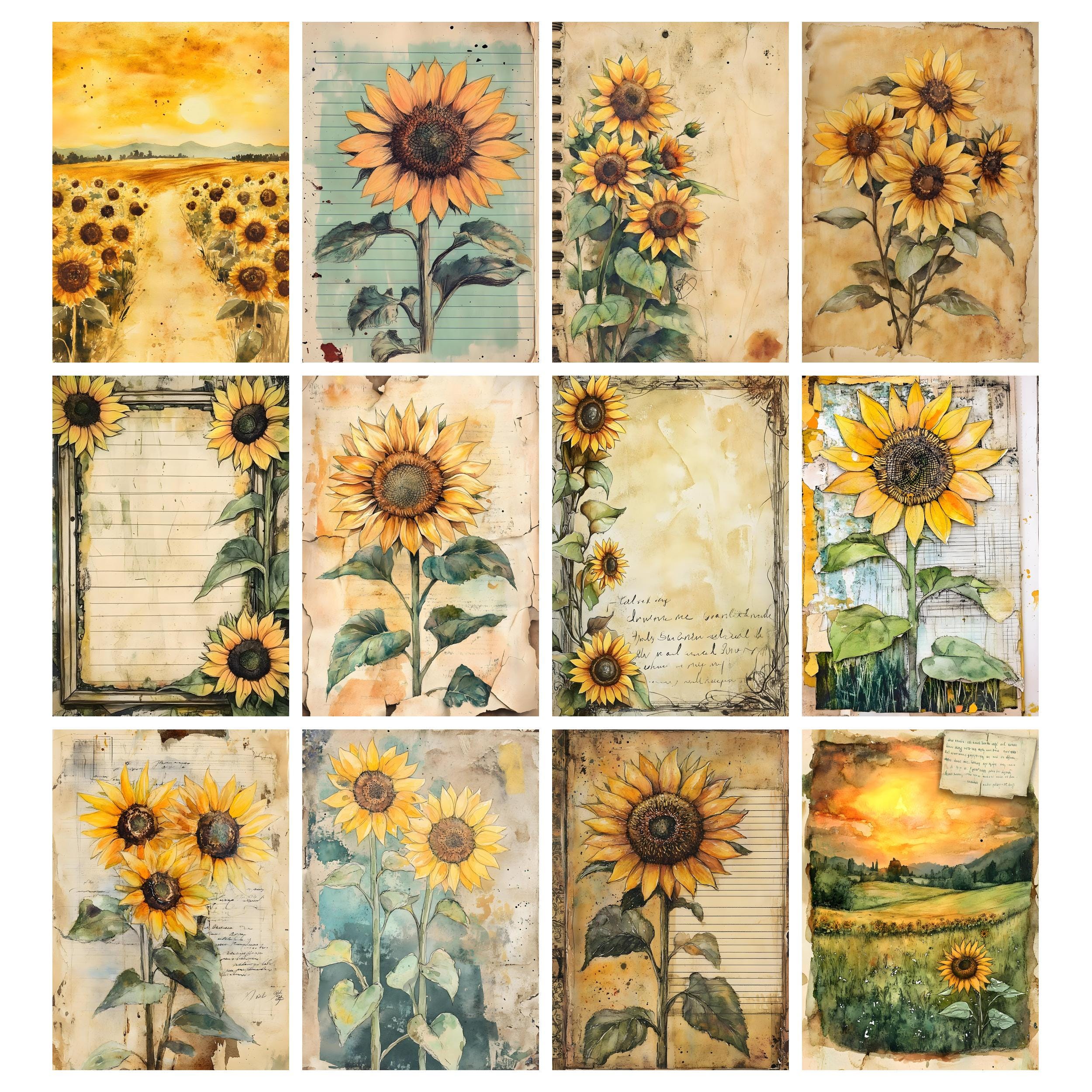 Vintage Sunflower Junk Journal Pages, Sunflower Scrapbook Kit, Antique ...