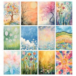 May include: A collection of twelve watercolor paintings featuring nature scenes. The artwork includes images of trees with colorful flowers, blossoming branches, fields of flowers, and abstract floral designs. The color palette is soft and vibrant, with a focus on pastels and bright hues.