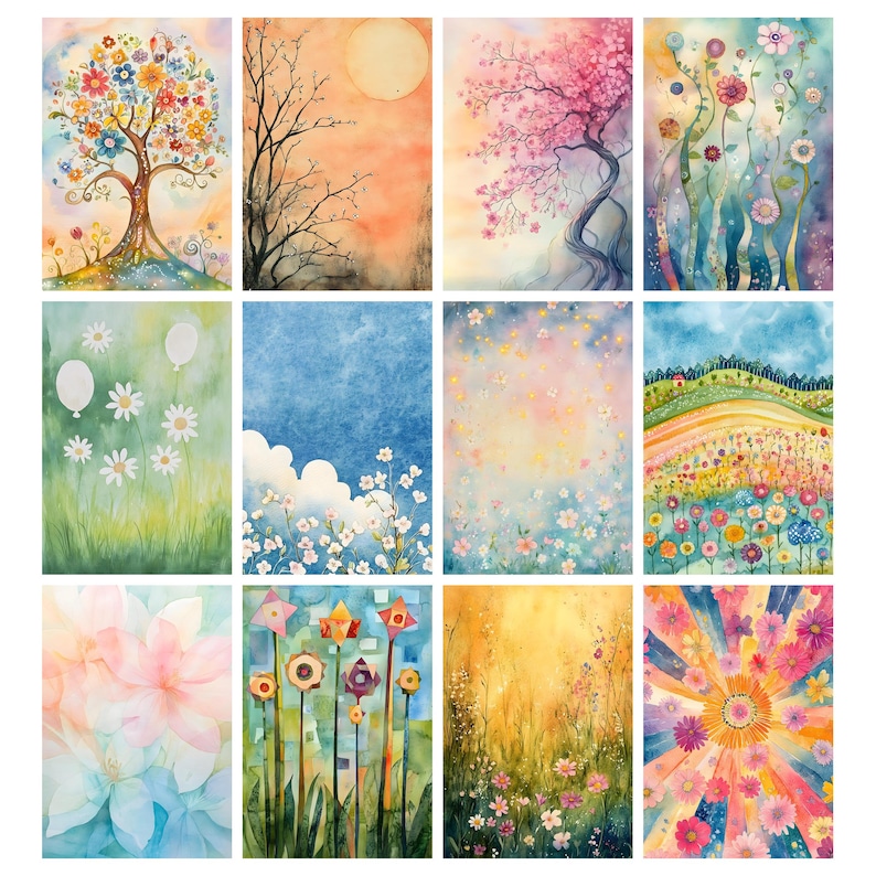 May include: A collection of twelve watercolor paintings featuring nature scenes. The artwork includes images of trees with colorful flowers, blossoming branches, fields of flowers, and abstract floral designs. The color palette is soft and vibrant, with a focus on pastels and bright hues.