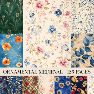 Pode incluir: Uma coleção de designs de padrões florais em vários estilos. Os padrões apresentam flores em tons de rosa, azul e laranja, com detalhes em verde e dourado. O texto "ORNAMENTAL MEDIEVAL - 125 PAGES" é exibido na parte inferior.