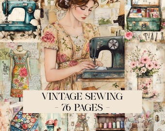 May include: A vintage-style illustration of a woman sewing with a teal sewing machine. The image includes floral details, a dress form, and the text "VINTAGE SEWING - 76 PAGES". The theme is vintage crafts and sewing.