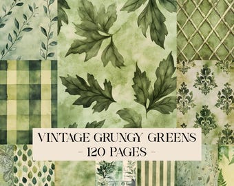 May include: A collection of vintage-style paper designs in shades of green and beige. The designs feature leaf patterns, plaid, damask, and botanical illustrations. The text "VINTAGE GRUNGY GREENS - 120 PAGES -" is displayed across the centre of the image.
