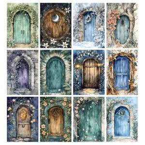 May include: A collection of watercolor paintings featuring arched doors in various styles. Each door is framed by foliage and flowers, with colors ranging from teal and blue to brown and purple. Some doors have moon or star accents.