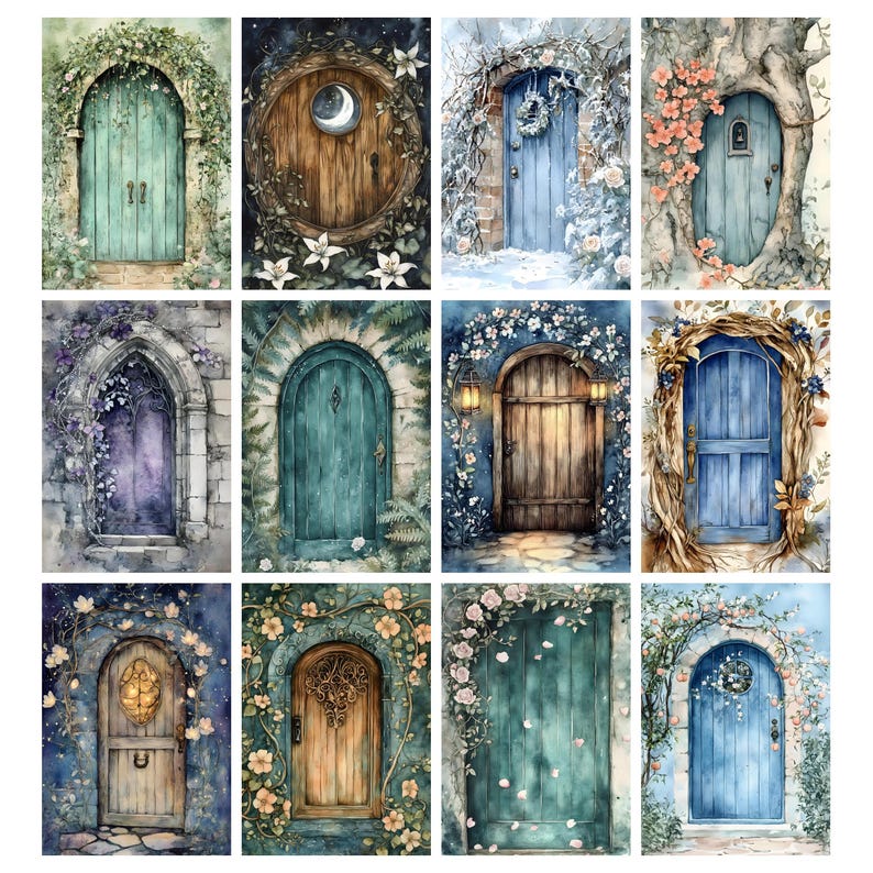 May include: A collection of watercolor paintings featuring arched doors in various styles. Each door is framed by foliage and flowers, with colors ranging from teal and blue to brown and purple. Some doors have moon or star accents.