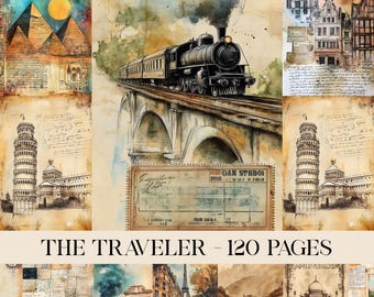 May include: A collage featuring watercolor illustrations of travel destinations. The central image shows a vintage train on a bridge. Other panels depict the Leaning Tower of Pisa, pyramids, and European architecture. The text "THE TRAVELER - 120 PAGES" is displayed.