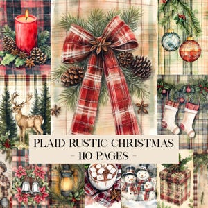 Puede incluir: Un collage de ilustraciones navideñas en acuarela. Incluye un lazo a cuadros rojo, piñas, adornos, una vela, un ciervo, calcetines y muñecos de nieve. Se muestra el texto "Plaid Rustic Christmas - 110 Pages".