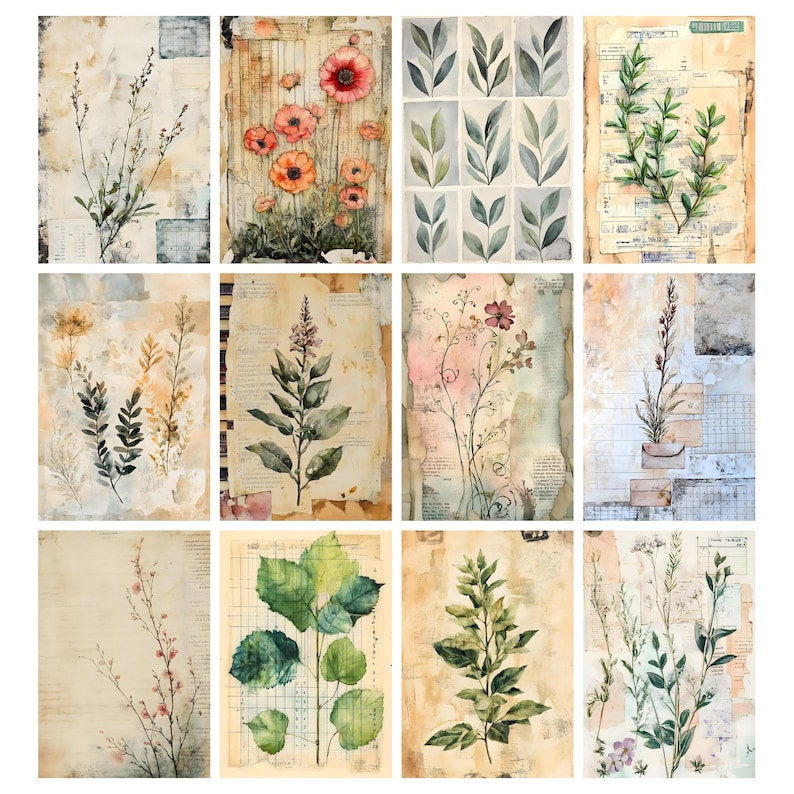 Blomarkivets skräpjournalsidor, vintage botaniskt collagepapper, vintage blomskräpjournalkit, digitala blompapper, efemera bild 2
