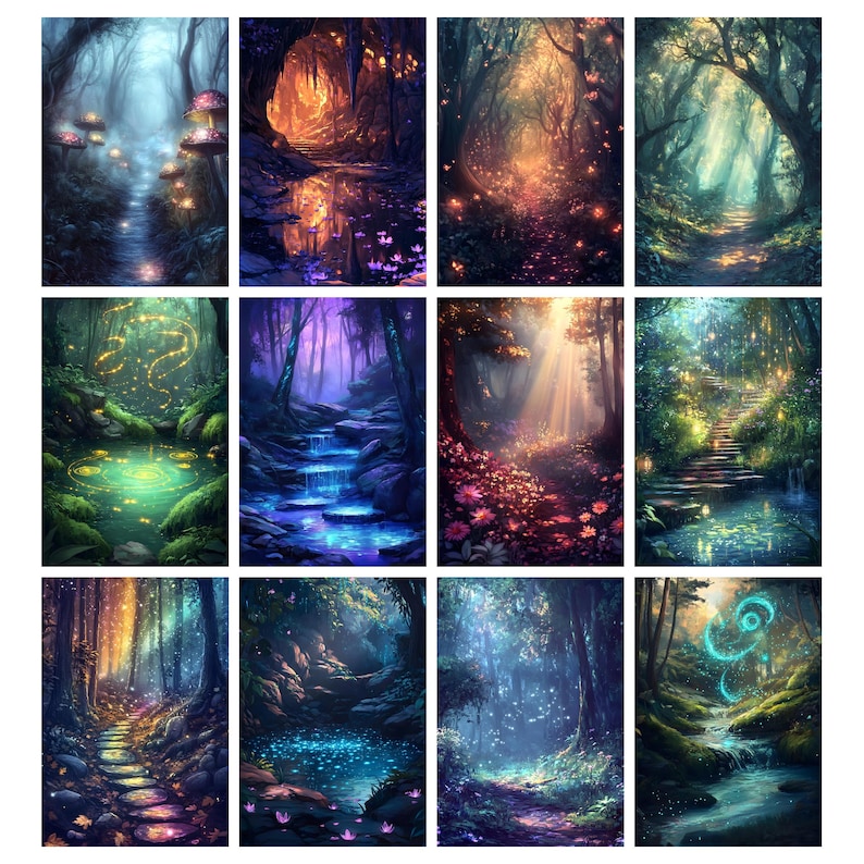 May include: A collection of digital art prints depicting enchanting forest scenes. Each image showcases a unique perspective of a mystical woodland, with glowing lights, flowing water, and vibrant colors. The artwork evokes a sense of fantasy and wonder.