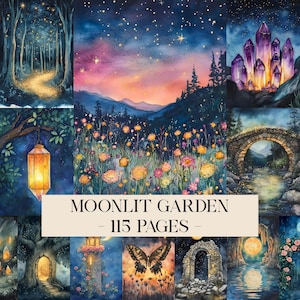 May include: A series of watercolour paintings depicting fantastical landscapes. Scenes include a starry night sky, a forest path with glowing lights, a stone bridge over a river, and a field of flowers. The text "MOONLIT GARDEN - 115 PAGES" is displayed.