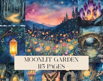 Kit para impressão de diário de lixo de jardim ao luar, itens efêmeros digitais de bruxa, papel de scrapbook lunar, páginas de fundo gótico, fantasia de flores celestiais