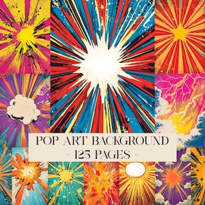 Puede incluir: Una colección de fondos de arte pop en varios estilos. Los diseños presentan colores vibrantes y patrones dinámicos, incluyendo explosiones estelares, rayos y explosiones al estilo cómic. El texto "POP ART BACKGROUND - 125 PAGES" se muestra en el centro.