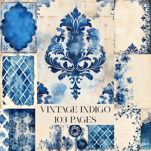 May include: A collection of vintage-style digital papers in shades of indigo and cream. The designs include floral patterns, damask motifs, and geometric shapes. The text "VINTAGE INDIGO - 103 PAGES" is displayed in the center.