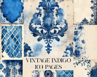 May include: A collection of vintage-style digital papers in shades of indigo and cream. The designs include floral patterns, damask motifs, and geometric shapes. The text "VINTAGE INDIGO - 103 PAGES" is displayed in the center.