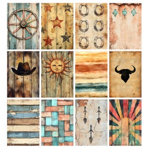 May include: A collection of rustic-themed art prints featuring a variety of designs. The prints include a wagon wheel, stars, horseshoes, a cowboy hat, a sun, watercolor landscapes, a buffalo silhouette, and arrows. The color palette includes shades of brown, blue, and red.