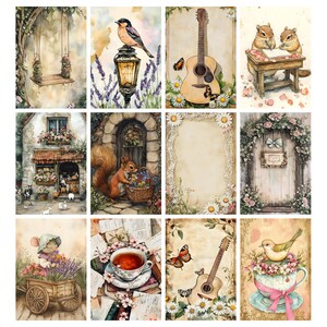 May include: A collection of watercolor illustrations featuring various themes. Includes a swing, a bird on a lamp post, a guitar, chipmunks, a cottage, a squirrel, a blank frame, a floral arch, a mouse with a cart, tea, and a bird in a teacup.