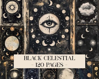Black Celestial Junk Journal Filler Pages, Mystical Esoteric Paper, Witchy Writing Pages, Printable Grimoire Pages, Digital Papers Scrapbook