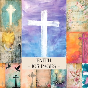 May include: A collage of watercolor art pieces with religious themes. The central image features a white cross against a blue and purple background. Other panels include crosses, floral elements, and the text "FAITH - 105 PAGES".