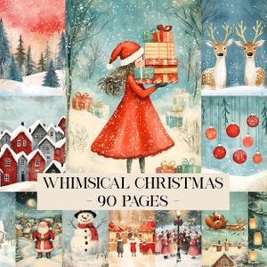 Può includere: Un'illustrazione natalizia stravagante con una ragazza in abito e cappello rossi che trasporta regali in una foresta innevata. L'immagine include il testo "WHIMSICAL CHRISTMAS - 90 PAGES". Altri elementi includono cervi, ornamenti e case.