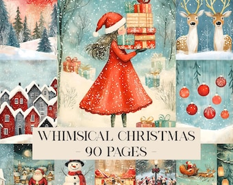 Whimsical Christmas Printable Junk Journal Pages, Whimsical Digital Papers, Retro Santa Claus Papers, Christmas Papers, Digital Download