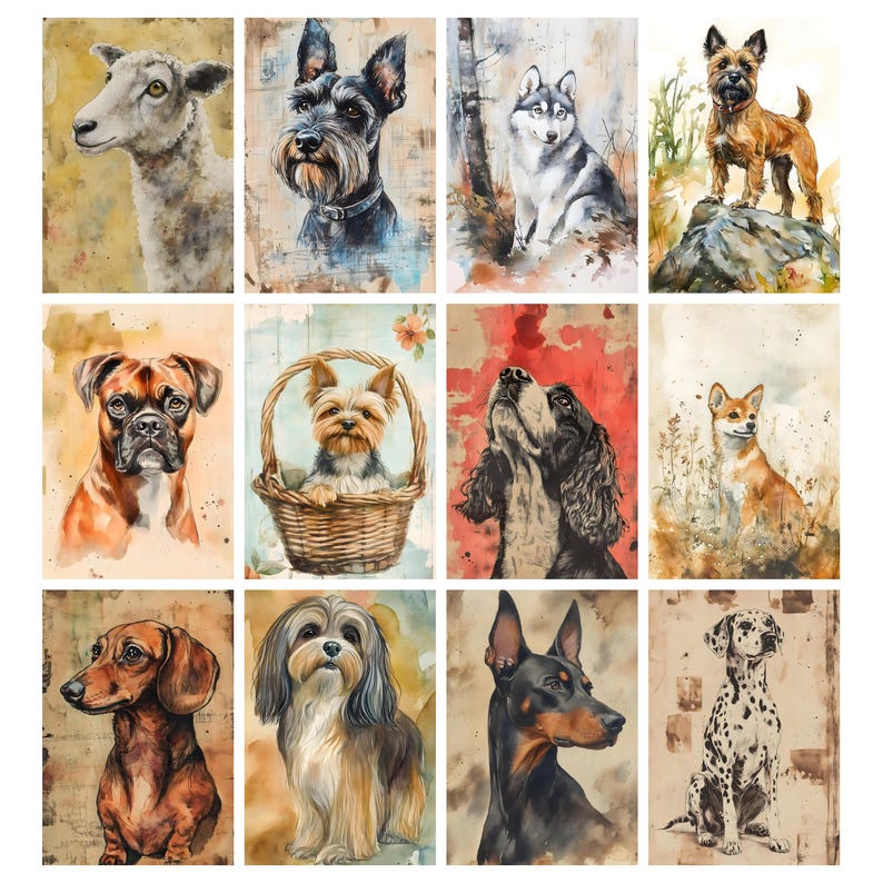 May include: A collection of watercolor dog portraits, including a sheepdog, Schnauzer, Husky, Cairn Terrier, Boxer, Yorkshire Terrier, Cocker Spaniel, and Dachshund. Each portrait is on a vintage-style background, showcasing the dogs' unique features.